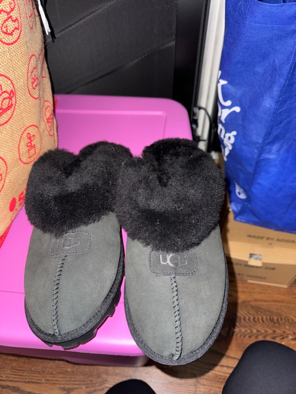 UGG Women’s Black Suede Sheepskin Cuff Slippers